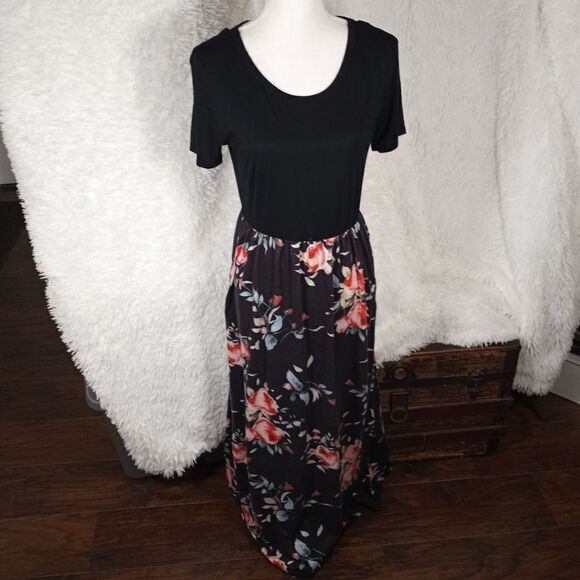 BLACK & PINK FLORAL MAXI DRESS SZ.L GUC - Picture 2 of 9
